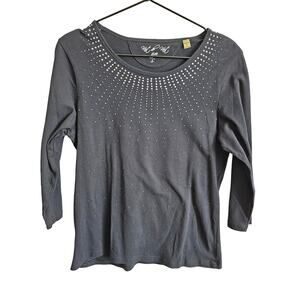 Knit De Knit Womens Sz S 3/4 Sleeve Top Black Studded Neckline